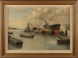 J. van Delden, Haven Rotterdam, Jan van Delden ca 1930 Rotterdams havengezicht met vrachtschepen, olieverf op linnen 50x70 cm in goede staat