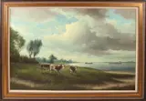 Koeien bij de IJssel by Herman Jozef Wijngaard 1922-2012, Ijsselgezicht met koeien langs de oever. olieverf op linnen, sold Apr 2020