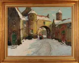 J. van Leeuwen van Oudewater, Stadspoort met figuren in de sneeuw, Olieverf op linnen