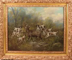 Honden bij hert by H. Schouten, Schilderij draagt signatuur H schouten ca 1900 jachthonden bij edelhert olieverf op linnen met goudkleurige barok lijst, sold Apr 2020