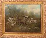 H. Schouten, Honden bij hert, Schilderij draagt signatuur H schouten ca 1900 jachthonden bij edelhert olieverf op linnen met goudkleurige barok lijst