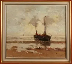 Gerhard Morgenstjerne Munthe, Bomschuiten met visser op strand, 1914, Olieverf op linnen