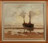 Gerhard Morgenstjerne Munthe, Bomschuiten met visser op strand, 1914, Olieverf op linnen