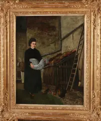 Nico Steffelaar, Boerenvrouw voert kippen, Olieverf op paneel
