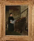 Nico Steffelaar, Boerenvrouw voert kippen, Olieverf op paneel