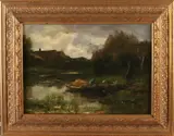 J.H. Maris, Rivergezicht met rietsnijder in boot, Olieverf op linnen