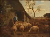 Martinus Nefkens, Schaapsherder met schapen en hond bij schaapskooi, Olieverf op linnen
