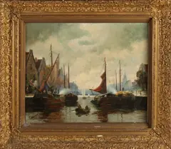 E. Engelmann, Havengezicht, Olieverf op linnen op paneel