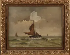 H. Bode, Bomschuit op zee, Olieverf op linnen