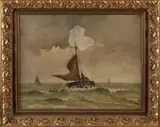 H. Bode, Bomschuit op zee, Olieverf op linnen