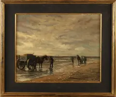Jurrien Marius Beek, Hollandse schelpenvissers op strand, Olieverf op paneel