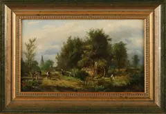 Hollandse School, Landschap met arbeiders, Olieverf op paneel