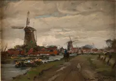 C.P. Snijders, Hollands riviergezicht met trekschuit en molens, Olieverf op linnen op paneel