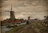 C.P. Snijders, Hollands riviergezicht met trekschuit en molens, Olieverf op linnen op paneel