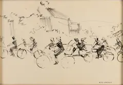 H. te Lintelo, Landschap met fietsers, Zwarte inkt op papier