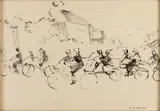 H. te Lintelo, Landschap met fietsers, Zwarte inkt op papier