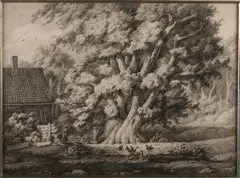C. Apostool, Landschap met huis en figuren, Sepia op papier