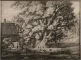 C. Apostool, Landschap met huis en figuren, Sepia op papier