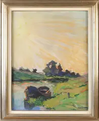Adri Pieck, Landschap met roeiboot in de vaart, Gouache op papier