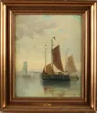 Jacob Willem Gruyter, Zandvoortse vissersboten op kalme zee, Olieverf op linnen