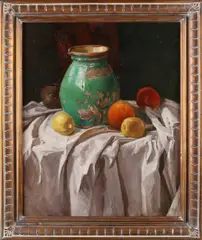 Albertus Gradus Gerritsen, Stilleven met fruit en steengoed melkkan, Olieverf op linnen