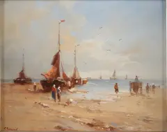 P. Renard, Bomschuit op strand, Renard Hollands strandgezicht met bomschuiten en vissersvolk olieverf op paneel