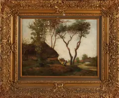 A. Beek, Drentse boerderij met boer, Olieverf op linnen