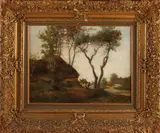 A. Beek, Drentse boerderij met boer, Olieverf op linnen