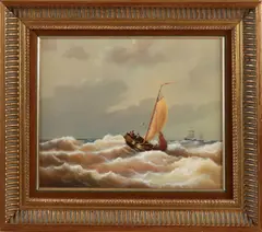 William Rosenberg, Vissersboot op ruwe zee, Olieverf op paneel