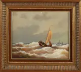 William Rosenberg, Vissersboot op ruwe zee, Olieverf op paneel