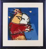 H. Brood, De Kus, Herman Brood 1946-2001 Texoprint met fantasie figuur de kus print op linnen 41x38 cm in goede staat