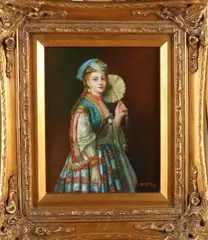 B. Fitz, Oosterse dame met waaier, Olieverf op paneel