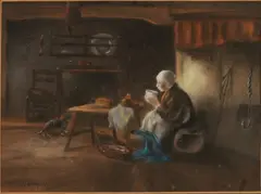 H. van Wijngaarden, Boeren interieur met vrouw, Pastel op papier