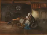 H. van Wijngaarden, Boeren interieur met vrouw, Pastel op papier