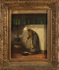 H. van Langen, Boerenvrouw bij schouw, Olieverf op linnen