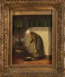 H. van Langen, Boerenvrouw bij schouw, Olieverf op linnen