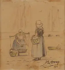 Jan Toorop, Vissersvrouwen op de kade, 1904, Potlood op papier