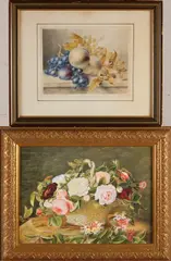 J. Reckerd +L.J. Jensen, Bloem + Fruitstilleven, Twee 19e eeuwse gesigneerde aquarellen