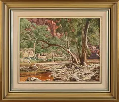 James Holmyard, Australisch landschap met rivierbedding, Olieverf op paneel