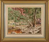 James Holmyard, Australisch landschap met rivierbedding, Olieverf op paneel