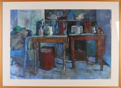 Kees Hak, Stilleven met tafels, 2001, Gouache op papier