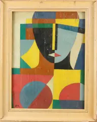 Monogram H.K, Kubistisch portret, 50e jaren Kubistisch portret olieverf op papier 50x38 cm in goede staat