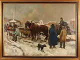 E. v.d. Broeck, Figuren op besneeuwde kade, Olieverf op paneel