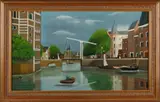 Enschede Gerard Diepeveen, Hollands grachten gezicht, Olieverf op paneel