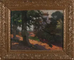 Gert Stegeman, Bosgezicht met landhuis, Olieverf op linnen
