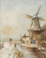 Louis Apol, Hollands wintergezicht met windmolen en ruiter te paard, Gouache op papier