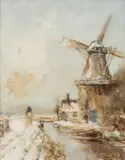 Louis Apol, Hollands wintergezicht met windmolen en ruiter te paard, Gouache op papier
