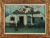 Chris Soer, Boerenhuis met boerin en appelbloesem, Olieverf op linnen