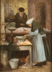 Jacobus Cossaar, Visverkoopster met klant op markt, Olieverf op paneel