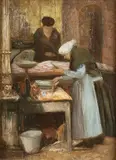 Jacobus Cossaar, Visverkoopster met klant op markt, Olieverf op paneel